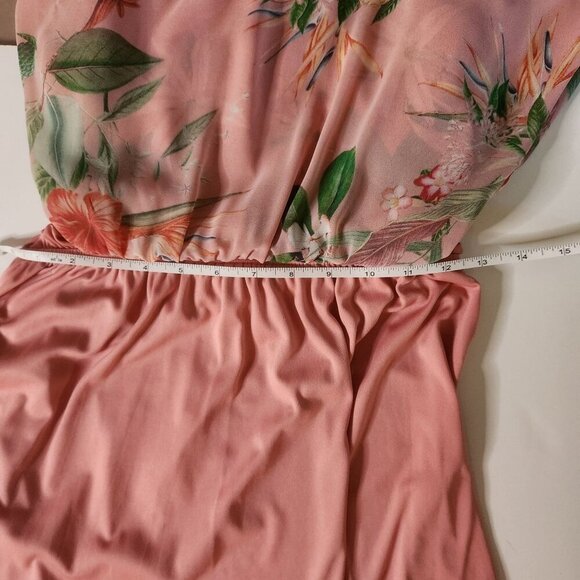 EXPRESS Tropical Mini Dress Sz S Coral Palm Kaftan Sheer Lined Vacation Resort - Picture 6 of 8